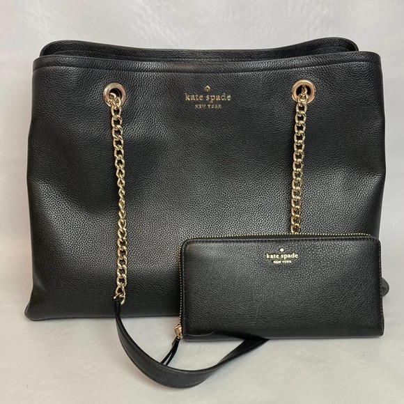 kate spade Handbags - Kate Spade Jordyn Chain Handled Tote & Wallet Pebbled Black Leather